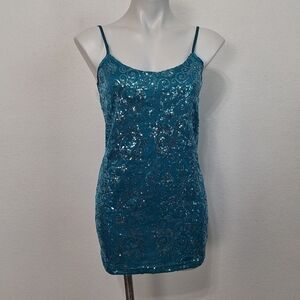 BKE Teal Glam Sequin Y2K Spaghetti Strap Retro Mini Dress Size L